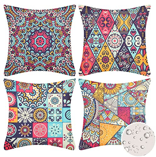 Mandala Zierkissenbezüge Wasserabweisender Kissenbezüge 40 x 40 cm Außenbereich Hippie Dekorative Quadratische für Schlafsofa Stuhl Zelt Balkon Couch Schlafzimmer Wohnzimmer, 16 x 16 Inch, 4 Stück