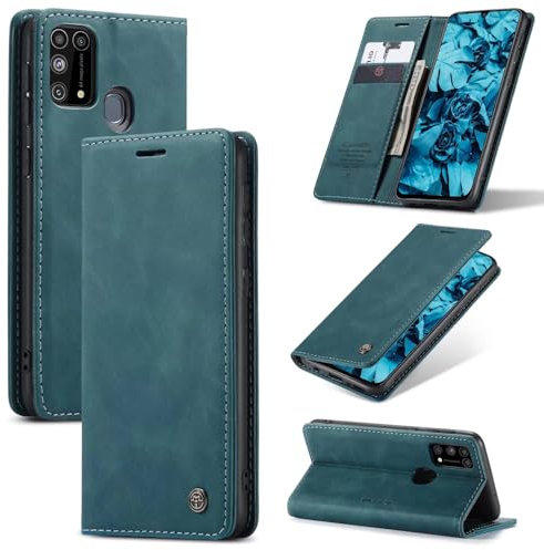 SLWYF Handyhülle für Samsung Galaxy M31 Hülle, PU Leder Flip Tasche Klappbar Magnet Wallet Lederhülle, Silikon Bumper Klapphülle Case mit Kartenfäch für Samsung Galaxy M31, Blaugrün
