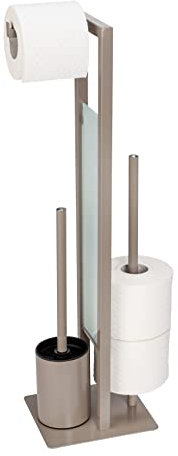 WENKO Stand WC-Garnitur Mod. Rivalta WC-Garnitur mit Toilettenbürste Toilettenpapier- und Ersatzrollenhalter aus matt lackiertem Stahl mit Glasplatte aus Sicherheitsglas 18 x 70 x 23 cm Taupe