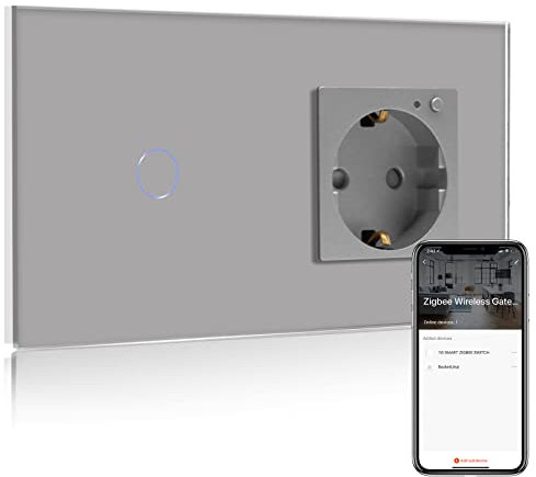 BSEED Smart ZigBee Lichtschalter mit Steckdose, Alexa ZigBee Steckdose mit Verbrauchsmessung, 1 fach 1 Weg Wandschalter Kompatibel mit Alexa und Google Home Grau (Tuya ZigBee Hub erforderlich)