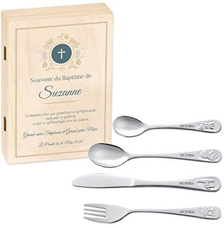 Maverton Set de couverts de table personnalisé dans boîte en bois imprimée - couvert bebe - Thème Animal - Cadeau bapteme fille - Pour filles - Cadeau bébé - Coutellerie gravée - croix