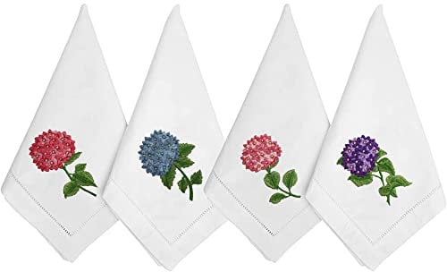 HCRAFT Bestickte Baumwoll-Tischservietten, Stoffservietten, 4 Stück, 45.7x45.7 cm, Hortensien-Serviette, quadratischer Stoff, Esszimmer, Servietten, Baumwolltuch-Servietten, tolle Geschenkideen