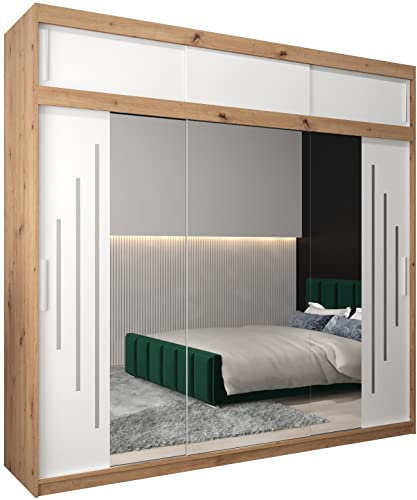 MEBLE KRYSPOL Kleiderschrank mit Spiegel York 2 - Garderobenschrank - Schrank Schlafzimmer - Mehrzweckschrank DREI Schiebetüren - Regalen - Flur Möbel - Kleiderstange Schrank - Allzweckschrank