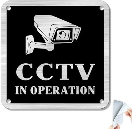 SINAMO CCTV In Operation Sign Brushed Aluminium Self-Adhesive 10×10 CM Home Security Sign-Warning Surveillance Signs Pre-Drilled Holes-Outdoor Durability Weatherproof