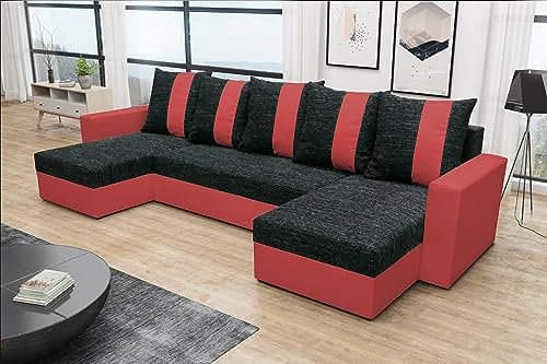ALTDECOR Ecksofa in U-Form mit Schlaffunktion und Bettkasten Corner Sofa Bett Eckcouch Couch L-Form Schlafcouch Ausziehbar Wohnlandschaft Schlafsofa Cauchsofa - PRAGI-U - 303x140x90cm Schwarz/Rot
