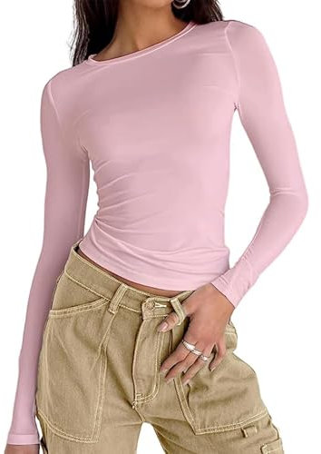 OYIGELZ Women's Basic Long Sleeve Shirt Crop Top Y2K T-Shirt Slim Fit Casual Tee Tops Streetwear(Light Pink-a,S)