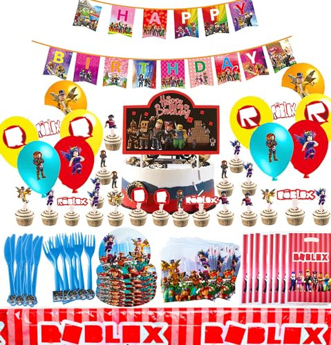 Robllox Geburtstag Deko, 102pcs Robllox Geburtstag Partygeschirr Set, inklusive Banner Tischdecke Tellern Tassen Servietten Ballons, Robllox Geburtstagsdekoration für Kinder für 10 Gäste