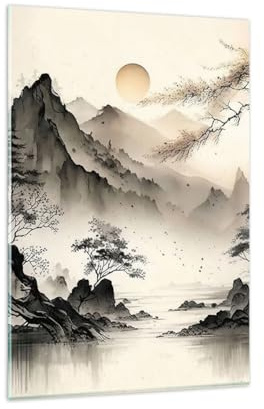 Bilder auf Glas 80x120 cm Wandbild Glasdruck Landschaften Vintage - 5777 | Asien Japan Sicht Vertikal Groß XXL Modern Dekoration Wohnzimmer Schlafzimmer Küche Wanddeko Kunstdruck Art Wall Decor ARTTOR