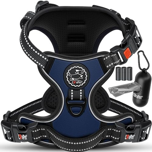 LOVPET® Hundegeschirr ohne Zug & Würgen für kleine Hunde & Welpen atmungsaktiv & weich Brustgeschirr reflektierend | No-Pull-Geschirr inkl.Beutelrollen | Verstellbares Geschirr mit Griff Navyblau - S
