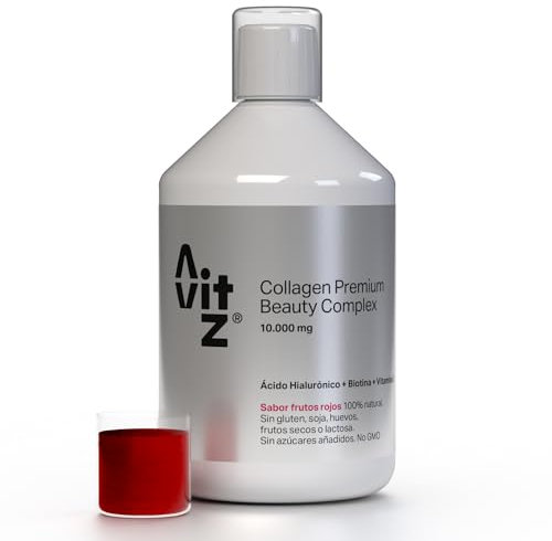 Colágeno Marino Hidrolizado Bebible con Ácido Hialurónico, Biotina, Vitaminas C, B12 y D, Sílice – 10.000 mg – Suplemento Antiedad para Piel, Cabello y Uñas – Sin Azúcar – Avitz 500 ml