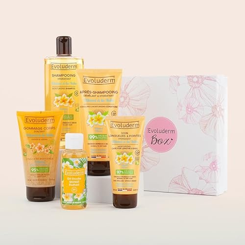 EVOLUDERM - Coffret Cadeau Bain Femme - Soins Corps & Cheveux Monoï de Tahiti - 5 Produits - Végan - Box FLOWER - Idée Cadeau - Coffret Cadeau Noël – Anniversaire - Fête des Mères