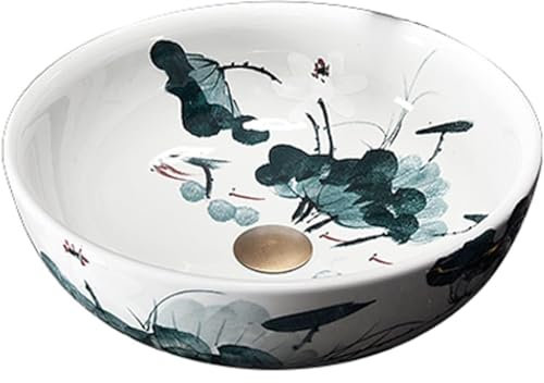 MegLob Badgefäßspüle, Orientaler Tintenstil Gefäßspüle, Retro Weiße Waschbecken, Runde Keramikspüle Gefäß, Kunst Arbeitsplatte Waschtisch, Waschbecken Für Badezimmer,Vessel sink only