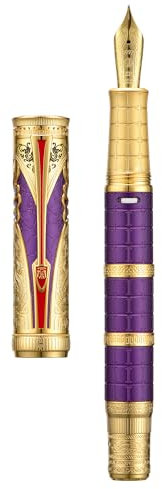Hongdian D5 Qin Dynasty Füllfederhalter Lila Gold, Extra feine Feder Kolbenfüllstift, Retro Chinesische Totem Gravur Glattes Schreiben Füller mit Stiftebox Set