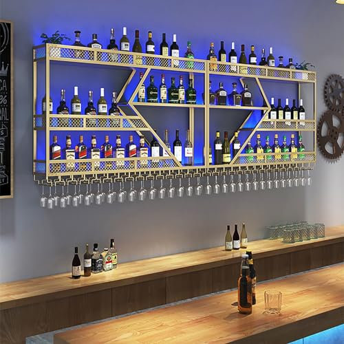 Large Wall Mounted Wine Rack,Bar Unit Floating Shelves With LED Light Iron Display Stand Wine Holder,Large-Capacity Metal Wine Racks,Liquor Bottle Display Shelf,Hanging Goblet Rack,Gold,Black ( Color