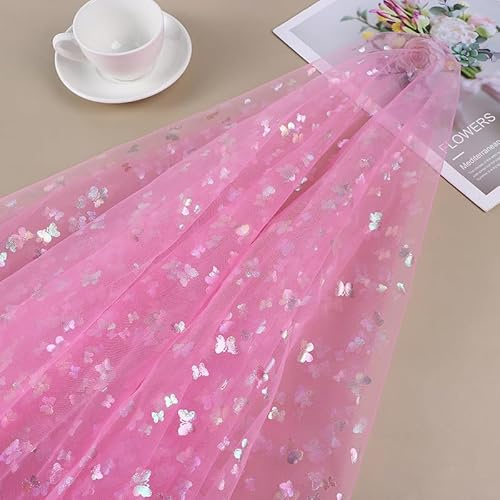 SYSUII 3m * 150cm Glitzer Tüll Dekostoff mit Schmetterling Dekostoff Kostümstoff zum Nähen Netzstoff Netztüll zum Dekorieren Basteln für DIY-Hochzeitskleider Tischdecken Deko -Rose