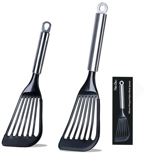 KSENDALO Fischspatel für antihaftbeschichtetes Kochgeschirr, Silikon-Fischspatel für die Küche, Kunststoff-Pfannkuchen-Eierwender, dünne, flexible Schlitz-Nylonklinge mit Silikonrand (2 Stück)