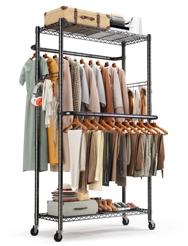 HOKEEPER Doppelter Kleiderständer auf Rollen, Höhenverstellbaren Regalen, 181kg Schwerlast Kleiderstange mit 2 Haken, Metall Garderobe mit Aufhängestangen 97 x 56.8 x190cm, Schwarz