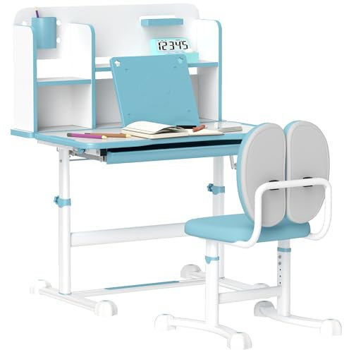 AIYAPLAY Set Scrivania e Sedia per Bambini 3-12 Anni Regolabili in Altezza, Banco Scuola con Piano Inclinabile 45°, Cassetto, Scaffale, Portapenne e Leggio, in Acciaio e MDF, Blu