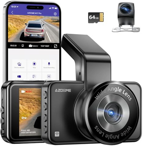 AZDOME Dashcam Auto Vorne Hinten 3K/2K+1080P, WiFi Dash Cam Auto Kamera 3 IPS-Bildschirm mit 64GB SD Karte, ADAS, Nachtsicht, WDR, 170° Weitwinkel, Loop-Aufnahme, Sprachausgabe(M17 Pro)