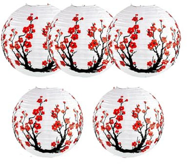 Tagtight Lampenschirm Lampion Rund, Kirschblumen Papierlaterne, 30cm Gerippter Papier Lampion, Chinesische Lampenschirm zum Aufhängen, Himmelslaterne, Gartenlaterne für Garten Hochzeit