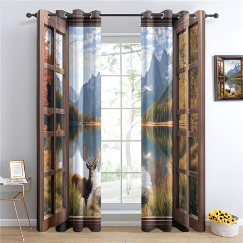 Rideaux Occultants modèle de Cadre en Bois Polyester Rideaux Occultants Brun Oeillets Isolant Thermique Anti Froid pour séjour Moderne Décoration 100L X 178H cm (2 Panneaux)