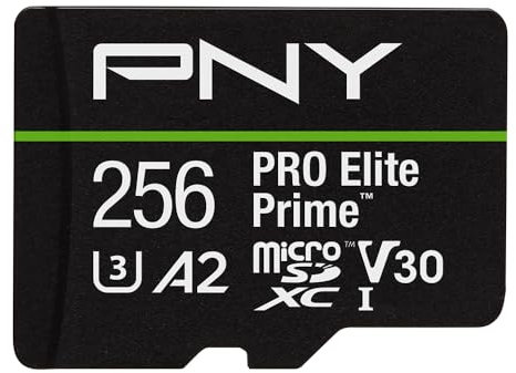 PNY Carte microSDXC 256GB Pro Elite Prime Class 10 U3 V30 A2 + Adaptateur SD - jusqu'à 200MB/s, Class 10, U3, V30, A2, 4K UHD, Full HD, UHS-I