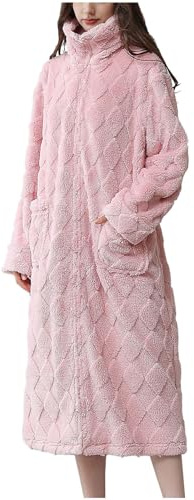 Klijuiaup Robe de chambre à fermeture éclair intégrale pour femme - Col montant - Polaire épaisse - Chaude - Longue robe de nuit pour l'hiver