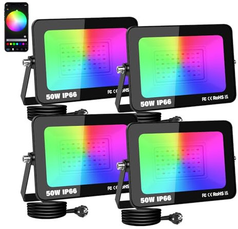 AUXTINGS Lot de 4 projecteurs LED d'extérieur 50W équivalent 5000 lm RGB avec application, changement de couleur dimmable Minuterie Scène IP 66, EU plug
