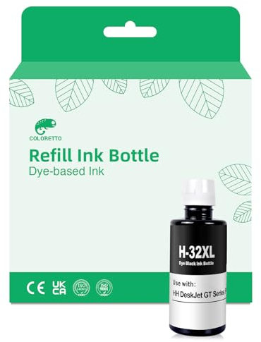 COLORETTO H-32XL Schwarz Tinte Nachfüllflasche Kompatibel mit HP 32 XL Tinte für Smart Tank 7301, 7001, 7602, 5000, 5101, 450, Plus 551, 555, 557, Ink Tank 310, 319, DeskJet GT-5810, GT-5820