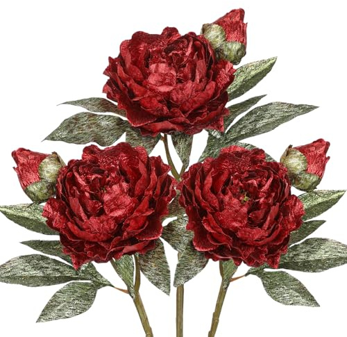 Hollyone 38cm Künstliche Pfingstrosen Stiel Glitzernde 3PCS Rot Kunstblumen mit Knospen Dekorative Weihnachtsblumen Seidenblumen für Vase Blumengesteck Home Weihnachten Dekoration