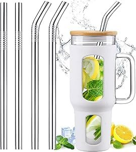 Lot de 4 pailles de rechange en acier inoxydable de 12,3 pouces pour Stanley Adventure Quencher 12,3 oz, 30 oz, 4 pailles en métal réutilisables, avec brosse de nettoyage, pour gobelet Stanley 12,3 oz