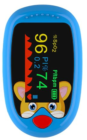 FONCBIEN Oxymètre de Doigt, Oxymètre Pédiatrique au Bout du Doigt pour Enfants - Moniteur de Saturation en Oxygène Sanguin avec Écran TFT - Appareil Portable de Surveillance SpO2 pour Enfants (Bleu)