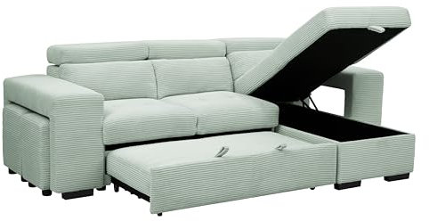 L-Shape Sofa with Reversible Chaise, Hidden Storage, Adjustable Headrests, 2 Matching Footstools and Pull Out Sofa Bed Function in Jumbo Cord (Mint Green Jimbo Cord)