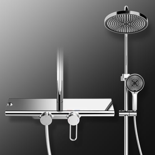 HOMELODY Duschsystem mit Thermostat & Duschablage Chrom - Duscharmatur Komplettset mit Handbrause & Kopfbrause - Höhenverstellbar, 38 °C Sicherheitssperre, Wandmontage für modernes Badezimmer