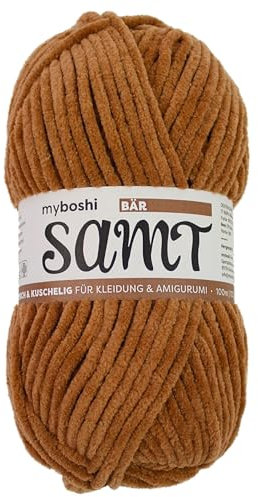 myboshi Samt Wolle zum Häkeln und Stricken, weiche Chenille Wolle im XXL-Knäuel, perfekt für Amigurumi und Kissen, 100% flauschige Polyester, 100g, Ll 100m Braun (Bär) 1 Knäuel