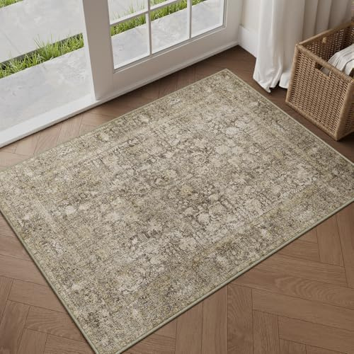 HUGEAR Braun Vintage Fußmatte 60x90cm Waschbar | Waschbarer Teppich, Weich Rutschfest, Kurzflor im Retro, für Eingangsbereich, Badezimmer Schlafzimmer, Kleiner Carpet