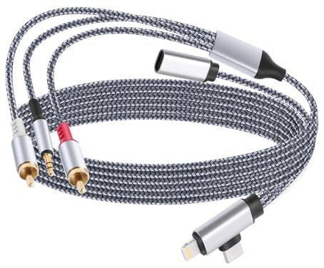 Cavo Lightning/Tipo C a 2 RCA/Aux 5,2 m, cavo RCA/AUX con funzione di ricarica, per interfaccia Lightning/USB C, per iPhone serie 15/16, Home Theater, DVD, amplificatore, altoparlante, autoradio