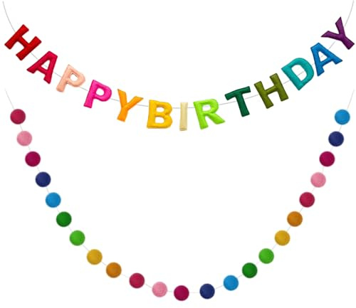 Happy Birthday Banner - Pre-Strung Birthday Felt Ball Garland Decorations, Personalized Sign, Reusable Rainbow Decor Felt Banner Garland, Party Supplies, Photo Prop