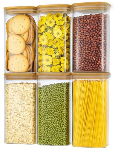 CROWNSHOP 6Pack 1.6L Glass Storage Jars with Airtight Lids | 6pcs 1.6L glass jars with airtight lids, clear food containers for pasta, rice, cereal and oats, kitchen storage