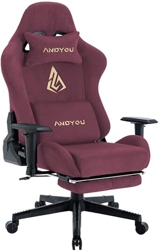 Andyou Gaming Stuhl, Luxuriöser Wildlederimitat Gaming Chair Ergonomischer Bürostuhl, Atmungsaktiver Schreibtischstuhl PC Stuhl mit Fußstütze, Kopfkissen und Armlehnen, 200 kg, Rot