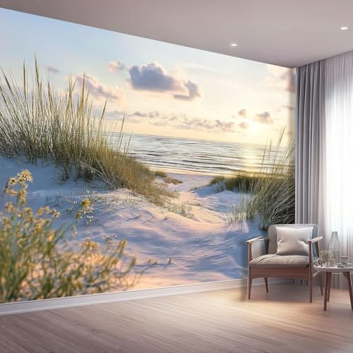 Fototapete Strand Meerblick Tapete 300 x 210 cm (WxH) Fototapeten Schlafzimmer Wohnzimmer Moderne 3D Effekt Wandtapete Meer Vliestapete Wand Dekoration Poster Foto Tapeten q.3484