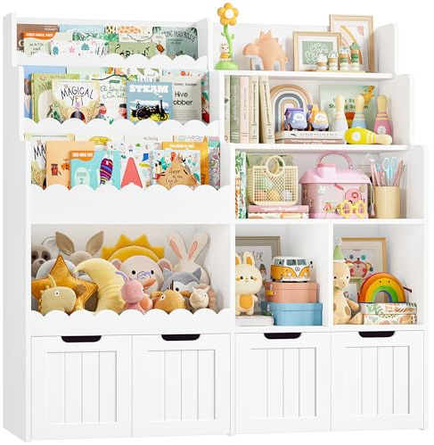 FOREHILL Kinderregal mit 4 Boxen, Kinderzimmer Möbel, Bücherregal Kinder | Kinderregal, Spielzeug Aufbewahrung, Kinderzimmer Möbel mit Spielzeugkiste, Regal für Kinderzimmer Leseecke 125x120x40cm weiß