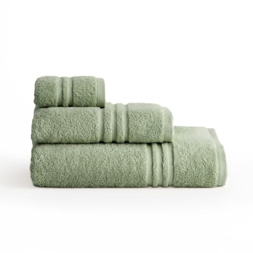 BOHEME Juego de 3 Toallas Premium Verde Oliva con Toalla de Ducha | Incluye 1(30x50 cm), 1(50x100 cm) y 1(70x140 cm). 100% algodón 700 g/m². Suaves y absorbentes.