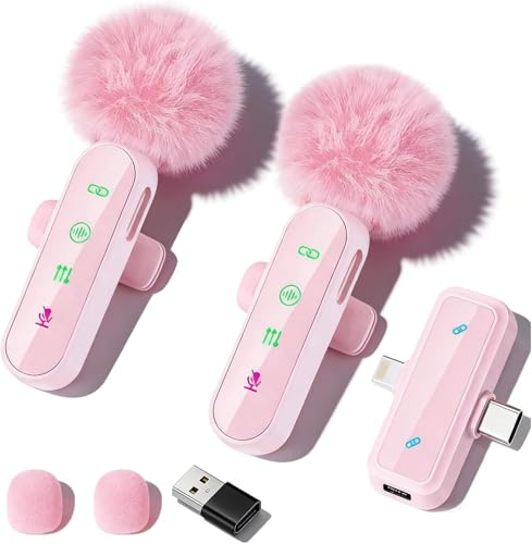 Bayanbulu Kabelloses Lavalier-Mikrofon für iPhone, iPad, Android-Handy, Mini-Mikrofon für Videoaufnahmen, TikTok, Vlog, YouTube, Rauschunterdrückung, Plug & Play Ansteckmikrofon (Rosa)