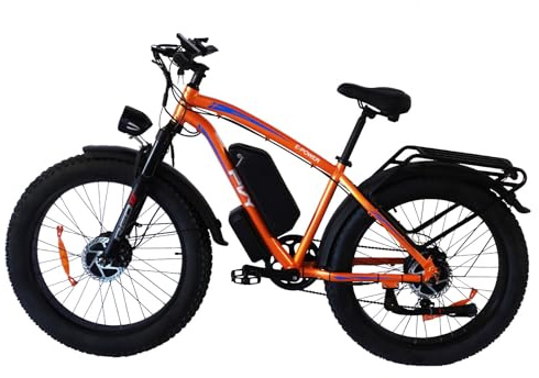 PVY Dual Motor Electric Bike 26 Inch Fat Tire, 250W UK Road Legal E-Bike, 48V 25Ah Removable Battery, 150km Max Range, Hydraulic Brakes, Full Suspension,7-Speed (Orange)