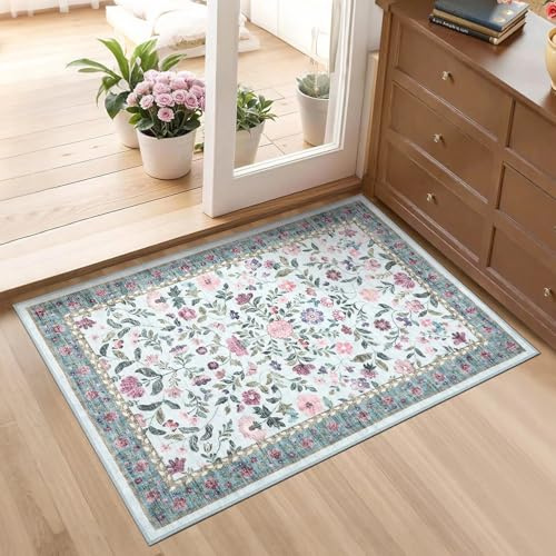 CAROMIO Eingangsmatte Blumen 60x100 cm Waschbar rutschfest Küche Blau | Vintage Blumenmuster Teppich für Schlafzimmer Kinderzimmer Esszimmer, Floraler Teppich Boho, Kurzflor Faltbar
