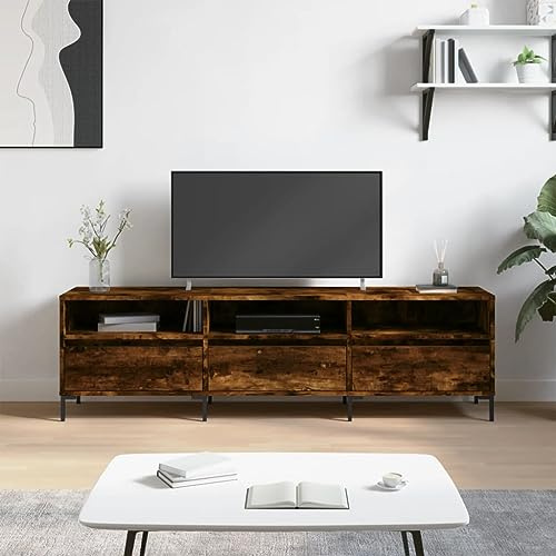 YNGBHFNOP Meuble TV Salon Moderne en Bois d'Ingénierie Chêne Fumé 150 cm, Buffet Télé avec 6 Cases de Rangement, Plateau Stable et Pieds en Fer pour Salon et Chambre