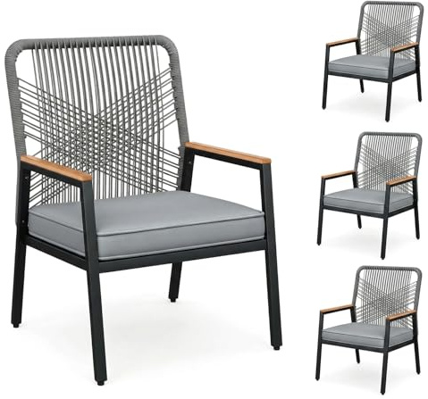 LIFERUN Gartenstuhl Rattan 4er Set, Terrassenstühle, Balkonstühle Metall | mit 8 cm Sitzkissen, Max 160 kg, WPC Armrest, witterungsbeständig, PE Rattan, für Terrasse Garten Balkon, Grau, 4PCS