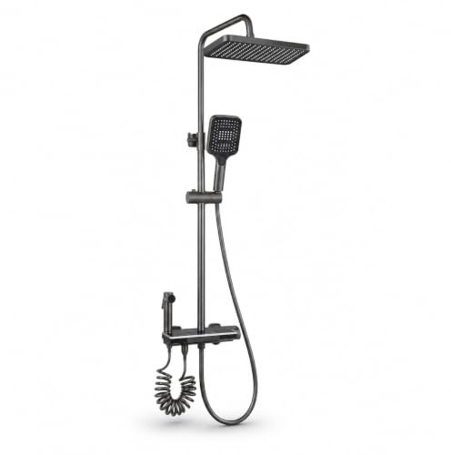 Ducha Termostática con Lluvia, Ducha de Mano, Aspersor Bidé y Control Digital de Temperatura – Columna de Ducha Multifunción Antracita con Tecnología Jet Air, Altura Regulable y Cambio de Función