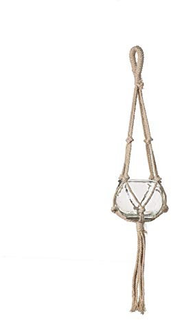 Dcasa - Portavelas Cristal Colgante 10 x 10 x 8 cm con macramé en Crudo.